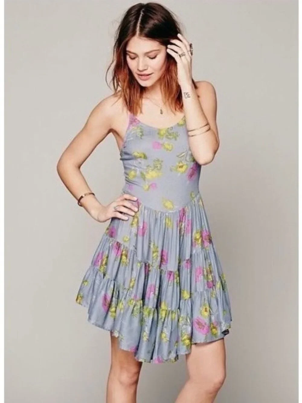 Free People Floral Strappy Lace Up Back Ruffle Hem Mini Dress S| Balletcore Boho - Picture 2 of 16